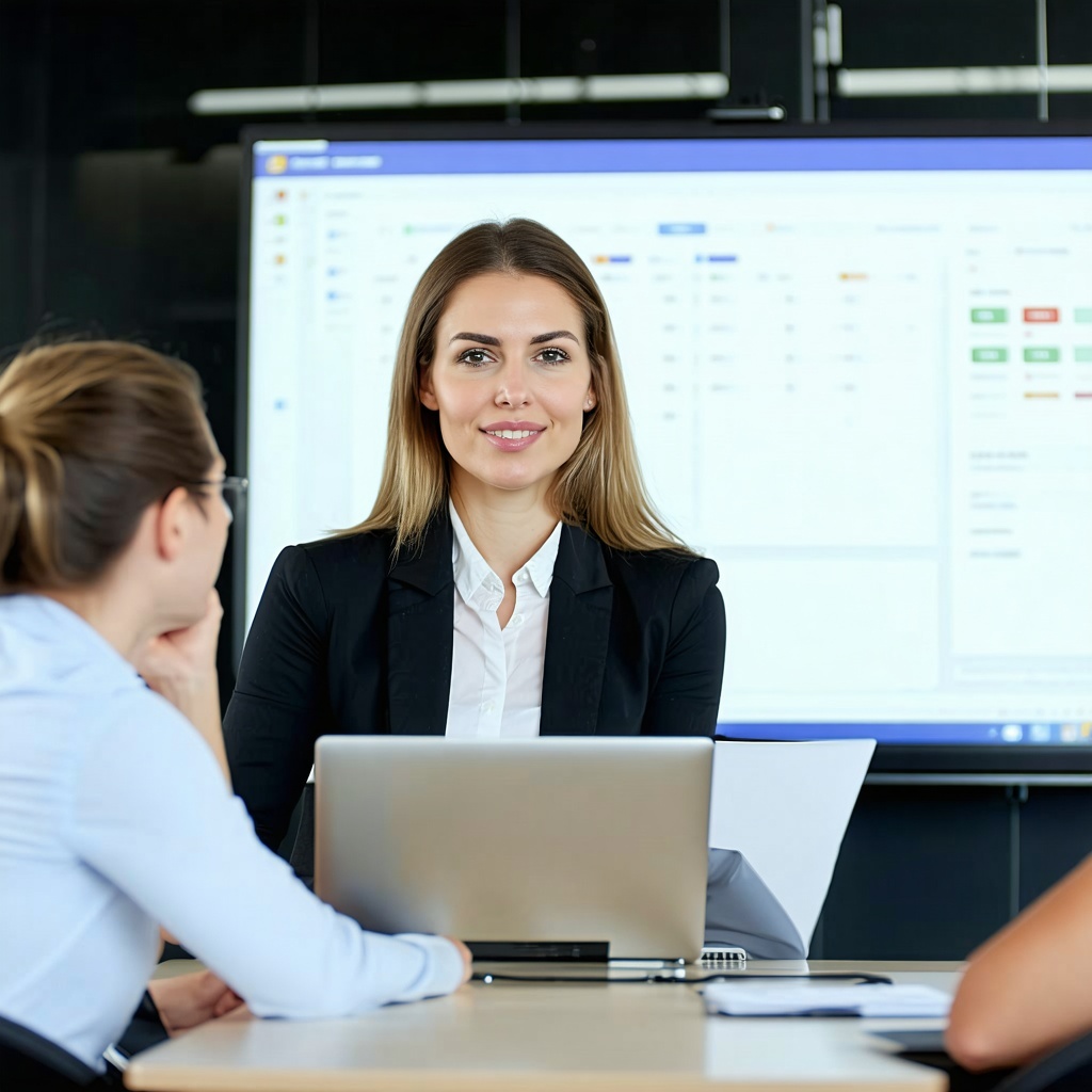 attractive sales woman giving a presentation in a conference room to 5 other people she should be sitting behind a laptop-3