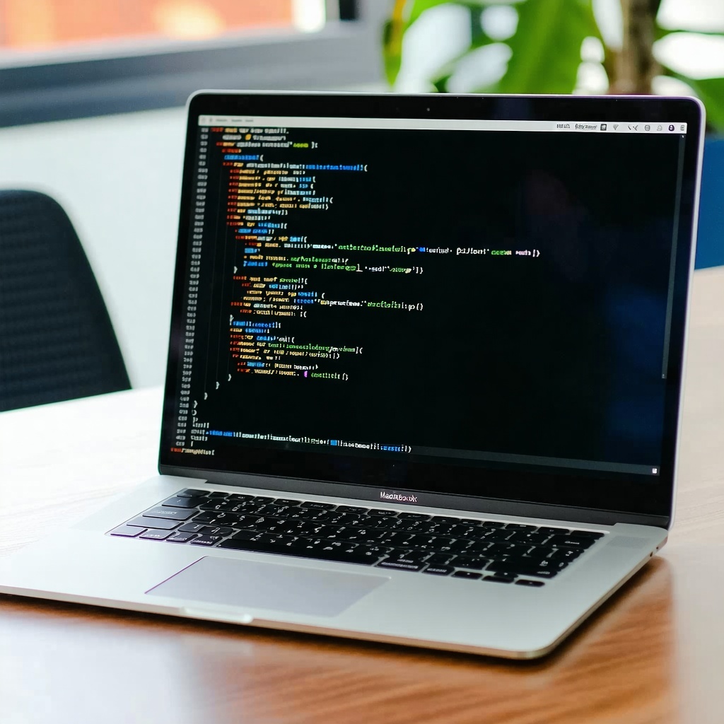macbook pro on a desk with net code on the screen-1